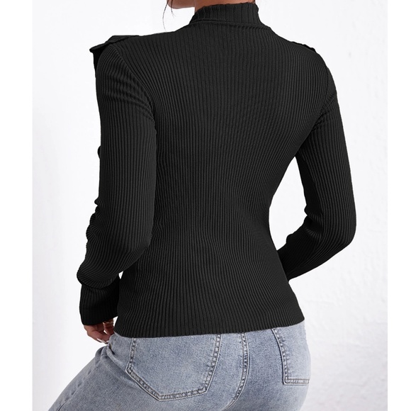 Classic Black Ribbed Fitted Ruffle Detail Long Sleeve Sweater - Picture 5 of 5